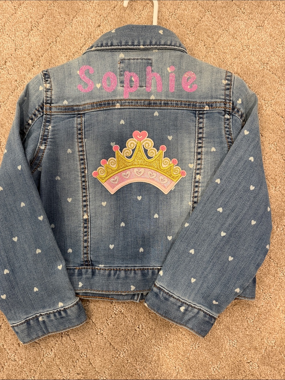 Personalized Girls' Denim Jacket with Pink “Sophie” and Crown Patch- never worn